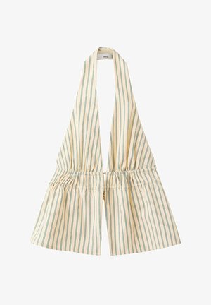 Haut beige à col halter avec fines rayures verticales vertes et taille élastique froncée.