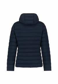 Doudoune marine avec un design matelassé, dotée d'une capuche et de manches longues. Le matériau semble doux et isolant pour la chaleur.