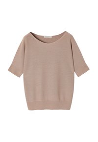 Beżowy sweter dzianinowy z szerokim dekoltem, krótkimi rękawami i ściągaczem na dole. Tkanina ma miękką, gładką teksturę.