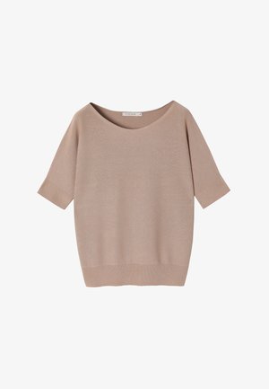 Beżowy sweter dzianinowy z szerokim dekoltem, krótkimi rękawami i ściągaczem na dole. Tkanina ma miękką, gładką teksturę.