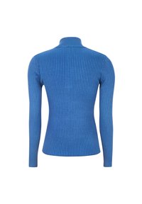 Ribbad, åtsittande polotröja i livlig blå färg. Har långa ärmar och hög krage, tillverkad av mjukt, stretchigt material.