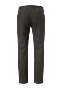 Dark gray pants with a smooth texture, featuring two back pockets and a straight-leg design. Minimalist style with no visible patterns.