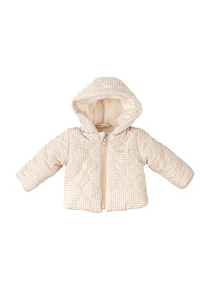 Chaqueta acolchada beige con capucha, hecha de tela suave, con un patrón de cuadros y un cierre frontal de cremallera.