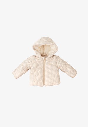 Chaqueta acolchada beige con capucha, hecha de tela suave, con un patrón de cuadros y un cierre frontal de cremallera.