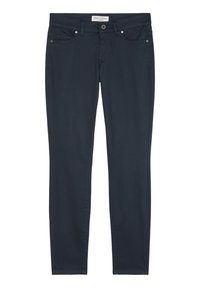 Jeans blu scuro con una vestibilit slim, realizzati in tessuto misto cotone. Presentano cinque tasche, accessori metallici e passanti per cintura. Design minimalista e texture liscia.