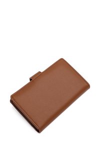 Brown leather wallet folded closed with visible stitching and a small flap on the side, set against a white background.