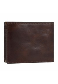Portefeuille en cuir marron, design bi-fold, surface texturée, couture renforcée et variations naturelles de couleur pour un look classique.