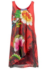 Červený bezrukávový top s květinovým potiskem, s velkými žlutými a růžovými květy. Měkká, texturovaná tkanina s draped designem.