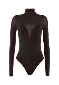 Svart långärmad bodysuit med genomskinligt meshöverdel för bröst och ärmar, hög halsringning och solid, figursydd panel med djup V-form.