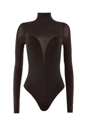 Body lungo nero a maniche lunghe con parte superiore trasparente in rete del petto e maniche, colletto alto e pannello toracico fitted solido con scollatura a V profonda.