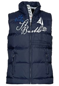 Navyblå pufferväst med hög krage, framblixtslutning, två fickor med dragkedja och vitt tryckt text och grafiska detaljer.