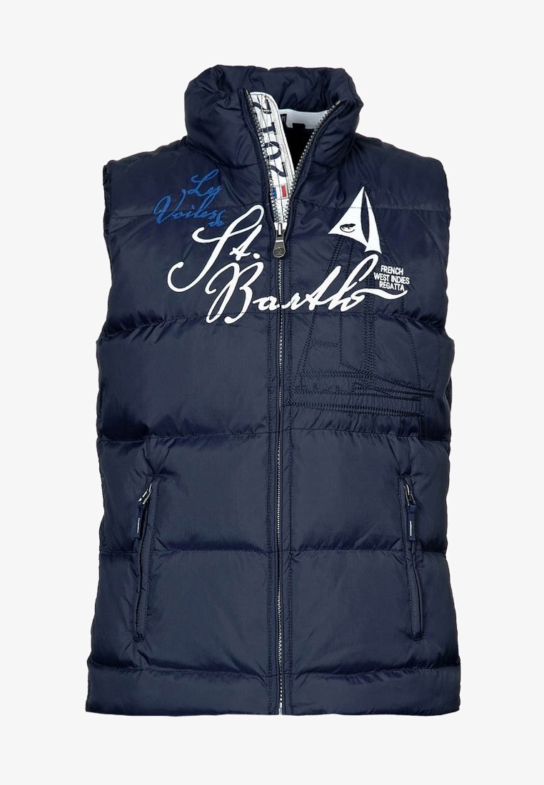 Navyblå pufferväst med hög krage, framblixtslutning, två fickor med dragkedja och vitt tryckt text och grafiska detaljer.