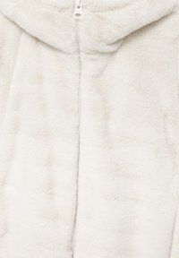 Hoodie zippé en fausse fourrure blanche avec une texture douce, équipé d'une capuche et d'une fermeture éclair centrale, sans motifs ni ornements visibles.