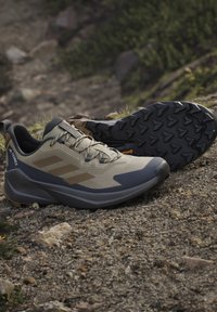 Et par beige og sorte Adidas Terrex vandresko på stenede jord med robust sål og snørebånd.