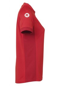 Rode poloshirt met een kraag, korte mouwen, gestructureerde stof en een wit rond logo op de linker mouw.