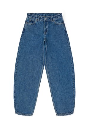 Blue high-waisted wide-leg jeans with front pockets, belt loops, button closure, and visible stitch detailing on a white background.