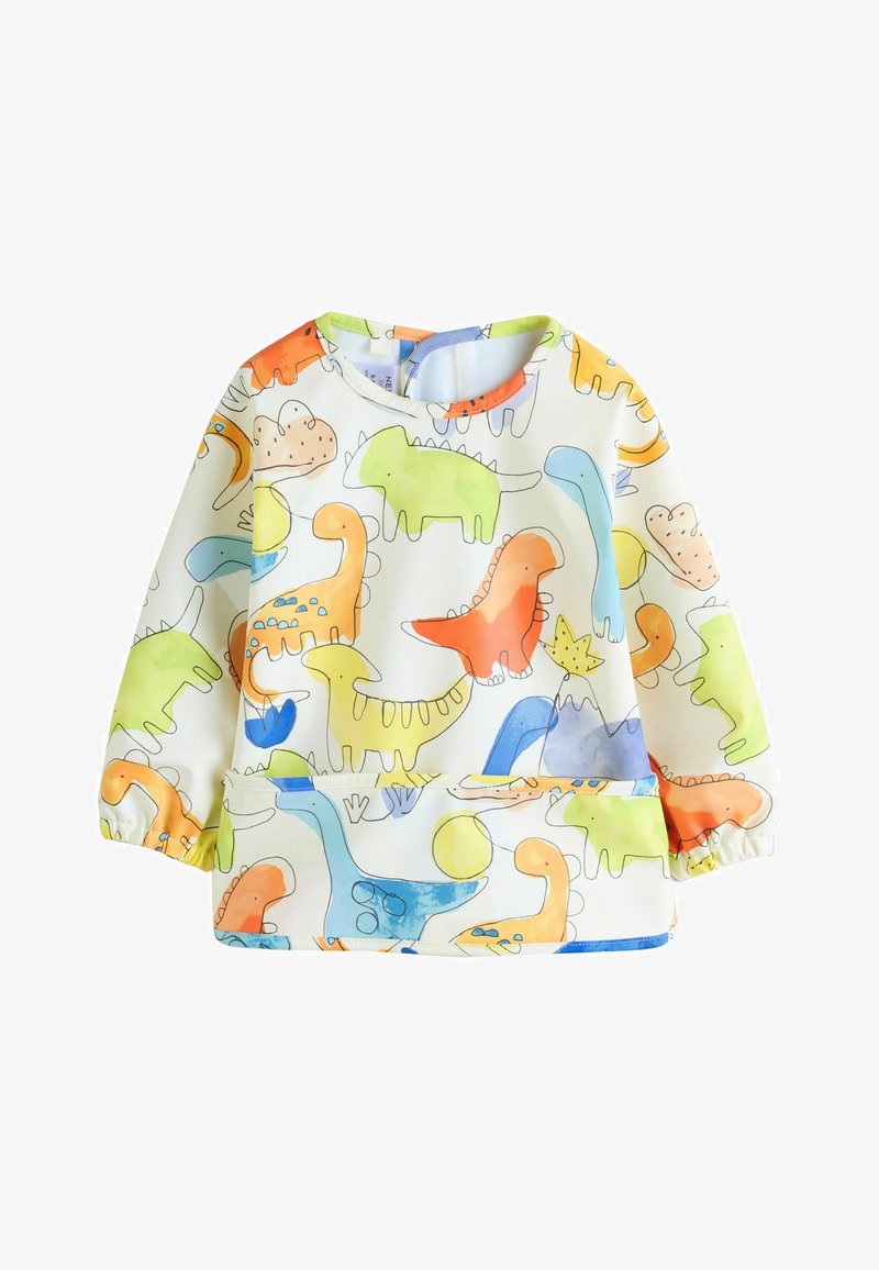 Chemise à manches longues pour enfants avec des motifs colorés de dinosaures dessin animés en orange, vert, jaune et bleu sur un fond blanc.