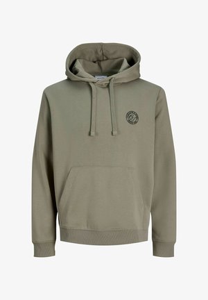 Olivegrønn hettegenser med kengurulomme, snorregulert hette og liten logo på brystet. Laget av mykt, teksturert stoff.