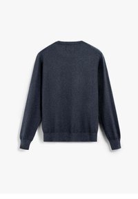 Mörkgrå tröja med långa ärmar, ribbade muddarna och nederkanten, mjuk textur, enkel design och rund halsringning. Bakvy utan mönster eller dekorationer.