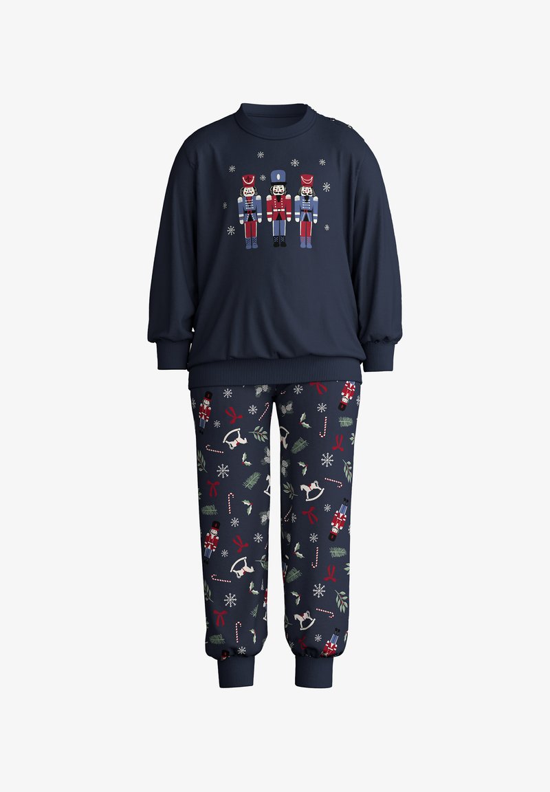 Navy blue pajama set featuring a long-sleeve top with nutcracker print and patterned pants with winter-themed motifs like snowflakes and holly.