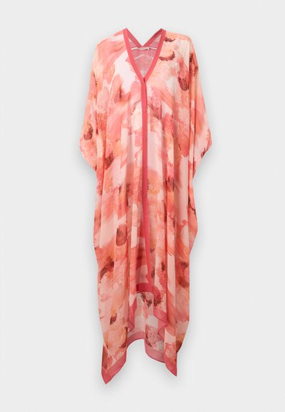 Pink floral kaftan made of lightweight, sheer fabric. Features a V-neck, short sleeves, and a button-down front with gradient patterns.
