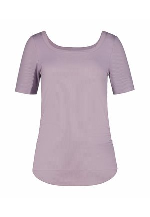 Camiseta de algodón acanalado en color lavanda claro, con escote cuadrado, mangas cortas y fruncido lateral, con dobladillo curvado para un ajuste relajado.