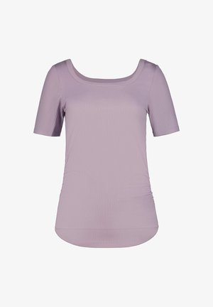 T-shirt côtelé lavande clair avec un col carré, des manches courtes et un froncé latéral, doté d'un ourlet arrondi pour une coupe décontractée.