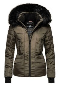 Olive green puffer jacket with a detachable black faux fur hood, front zipper, two zippered pockets, and ribbed cuffs.