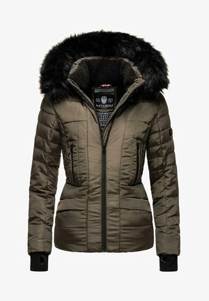 Chaqueta acolchada verde oliva con capucha de piel sintética negra desmontable, cremallera frontal, dos bolsillos con cremallera y puños acanalados.