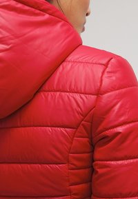 Giacca a vento rossa con cappuccio, caratterizzata da un design trapuntato, una texture lucida e dettagli di cucitura laterale. Dettaglio ravvicinato della vista posteriore.