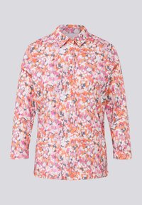 Langärmliges Shirt mit kragenförmigem Ausschnitt, lebhaftem orange, pink und grauem abstrakten Muster und Knopfdetails an der Vorderseite.
