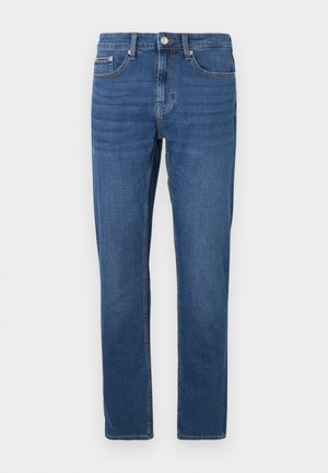 Blue denim jeans with a straight fit, five-pocket design, and visible stitching along the waistband and hem, featuring a classic button closure.