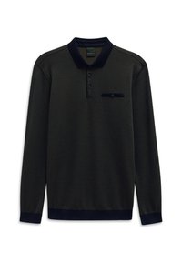 Langärmliges Polohemd aus dunkelgrünem Waffelstrick, mit marineblauem Kragen und Bündchen, einer drei-Knopf-Leiste und einer Brusttasche mit Knopf.