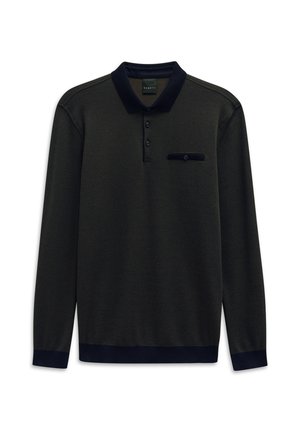 Langärmliges Polohemd aus dunkelgrünem Waffelstrick, mit marineblauem Kragen und Bündchen, einer drei-Knopf-Leiste und einer Brusttasche mit Knopf.