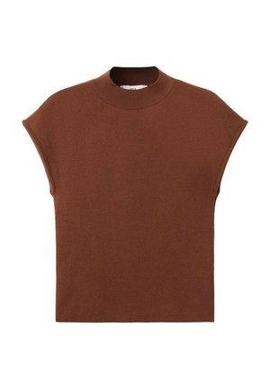 Brauner Kurzarmpullover mit hohem Kragen. Aus einem glatten, weichen Material gefertigt. Verfügt über eine lockere Passform und abgerundete Schulternaht.