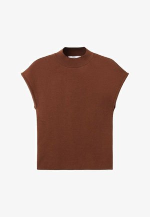 Pull verre court à manches courtes avec un col montant. Fabriqué à partir d'un matériau lisse et doux. Présente une coupe décontractée et des coutures d'épaules arrondies.