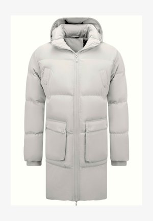 Lichtgrijze pufferjack met een capuchon, ritssluiting aan de voorkant, twee drukknopzakken en een gladde, iets glanzende textuur.