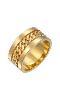 Guldpläterad metallring med en bred band och en central kedjelänkdesign. Slät yta med polerad finish, märkt "925" inuti.
