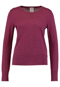 Fioletowy sweter z długim rękawem wykonany z miękkiego materiału dzianinowego, z okrągłym dekoltem i ściągaczem na dole. Gładka tekstura bez widocznych wzorów.