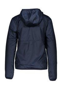 Dunkelblauer gepolsterter Mantel mit Kapuze, ausgestattet mit einer glatten, glänzenden Außenseite, elastischen Bündchen und einer halb-taillierten Passform.