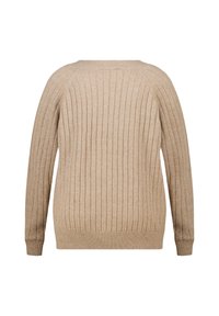 Pull en tricot beige avec des côtes verticales, col rond, manches longues et une coupe légèrement ample. Tissu texturé avec un subtil éclat.