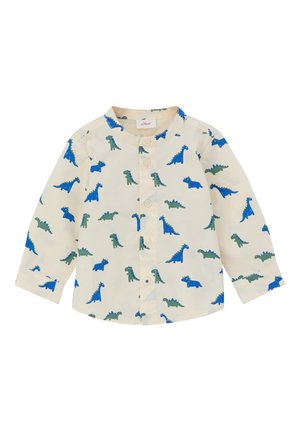 Chemise à manches longues boutonnée en crème avec un motif de dinosaure en bleu et vert. Elle présente un col rond et une fermeture à boutons.