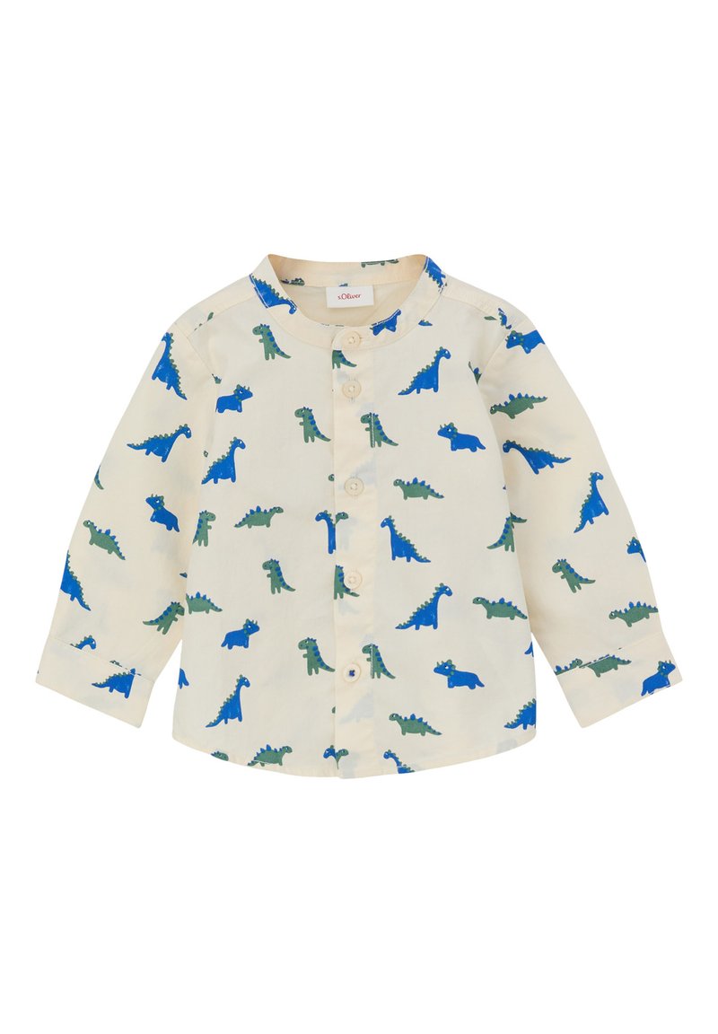 Koszula z długim rękawem, zapinana na guziki, w kolorze kremowym z wzorem dinozaurów w odcieniach niebieskiego i zielonego. Posiada okrągły kołnierzyk i zapięcie na guziki.
