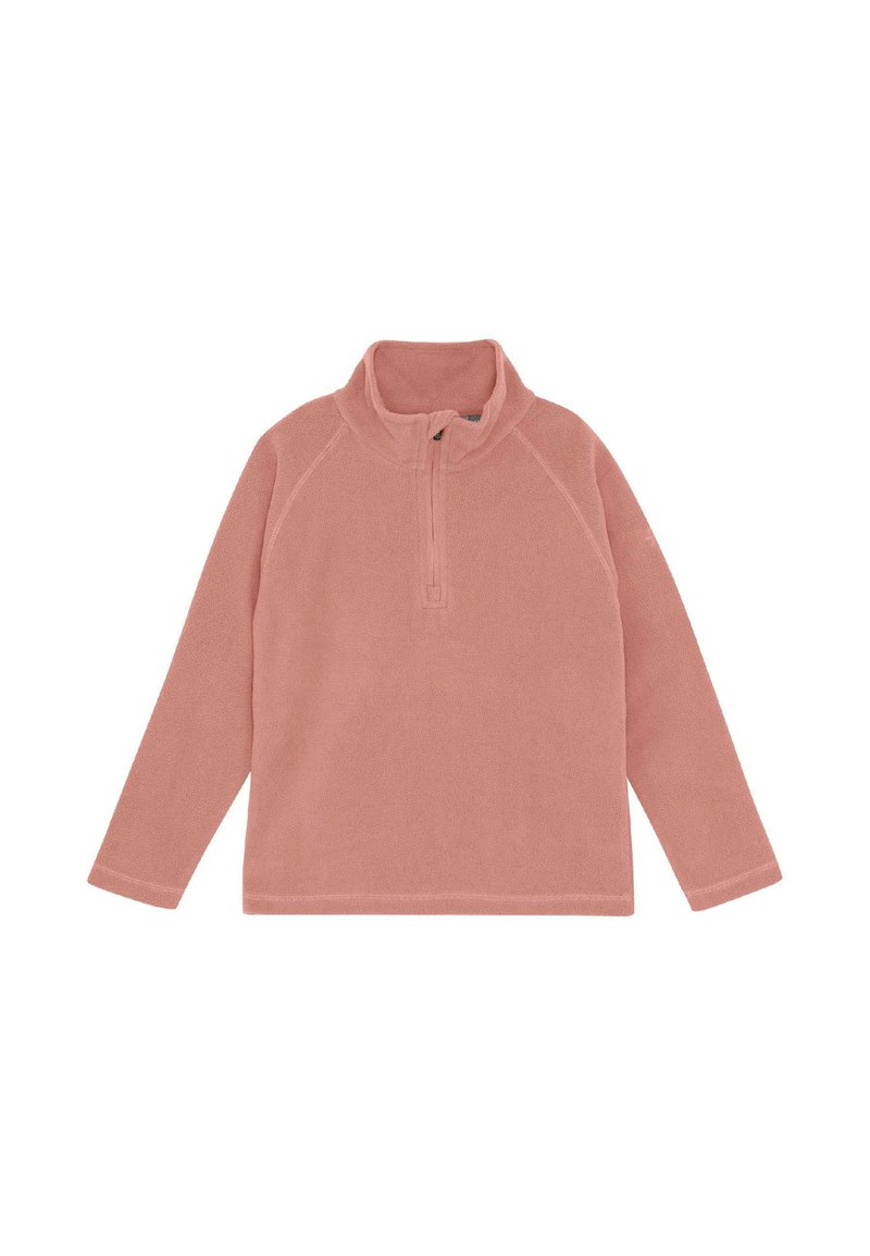 Pullover in pile rosa chiaro con maniche lunghe, colletto alto e chiusura a metà zip al centro frontale.