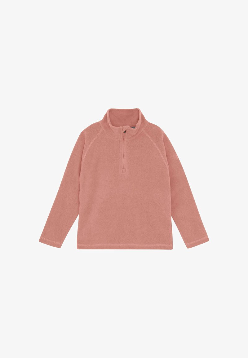 Pullover in pile rosa chiaro con maniche lunghe, colletto alto e chiusura a metà zip al centro frontale.