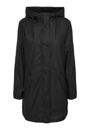 Black waterproof parka jacket with a hood, snap buttons, two side pockets, and a smooth texture. Features adjustable drawstrings at the hood.