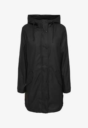 Zwarte waterdichte parka-jas met een capuchon, drukknoopsluitingen, twee zijzakken en een gladde textuur. Voorzien van verstelbare koordjes bij de capuchon.