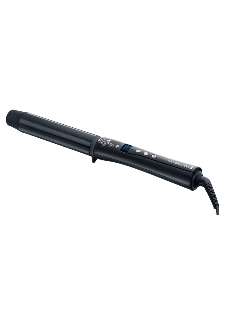 Sort curling wand med et slankt design, digital skærm, kontrolknapper og et tekstureret greb; kabel placeret i håndtagsenden.