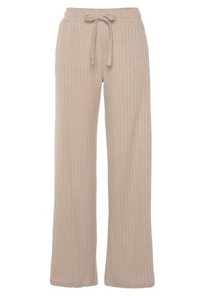 Beige weit geschnittene Hose aus geripptem Stoff, mit einem elastischen Bund und Kordelzug sowie strukturierten Details.