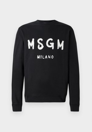 Sweatshirt noir à manches longues avec le texte en blanc en gras "MSGM" et le texte plus petit "MILANO" imprimé au centre devant.